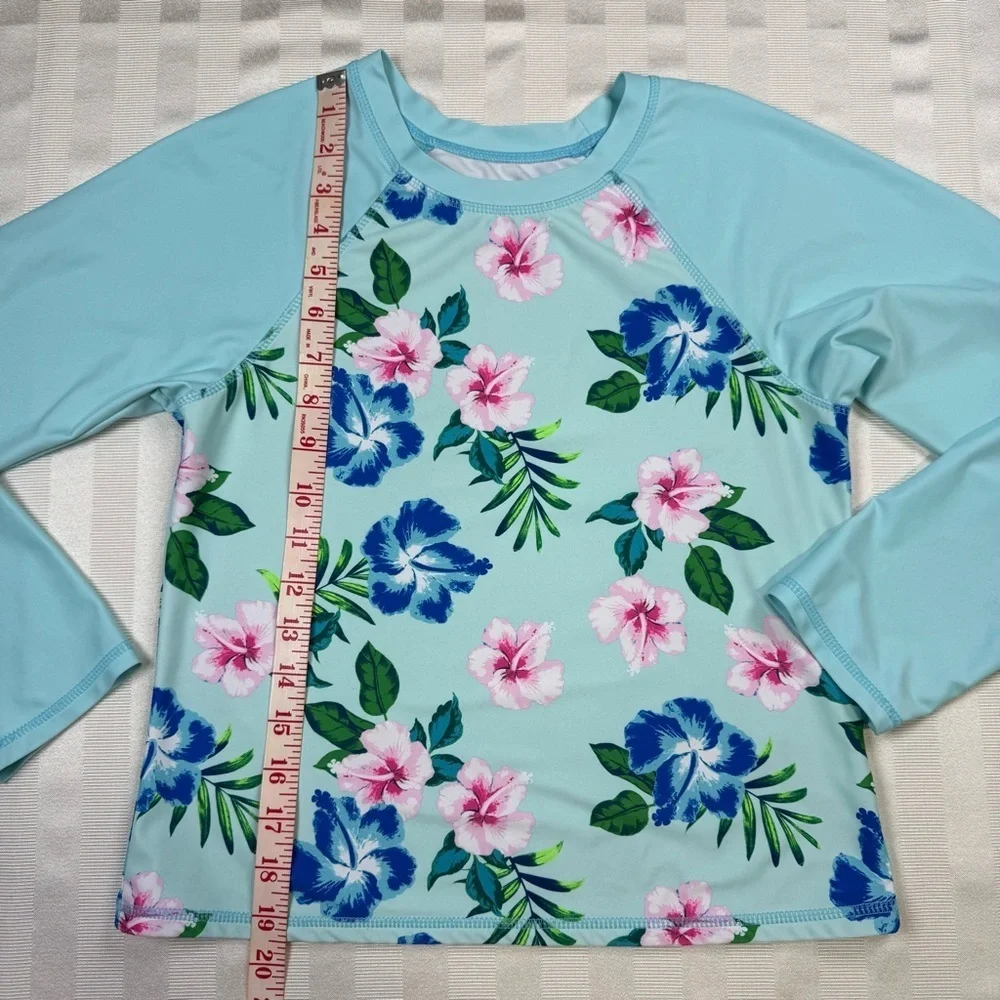 Miken Girls Tropical Flowers Rashguard Top Size XL 18-20 Blue Pink Long Sleeve